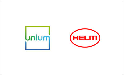 Two company logos are displayed side by side on a white background. The left logo features the word "unium" in blue and green letters within a square outline. The right logo shows the word "HELM" in bold red letters inside an oval shape.