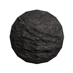 3D representation of a rough, dark stone sphere with a textured surface, displaying uneven and jagged features. The overall appearance suggests a natural, unrefined rock.