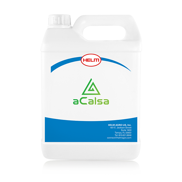 A white plastic jug with a handle, labeled "aCalsa" in green font, sits against a plain background. The word "HELM" appears in red at the top, indicating the brand. The jug likely contains an agricultural product.