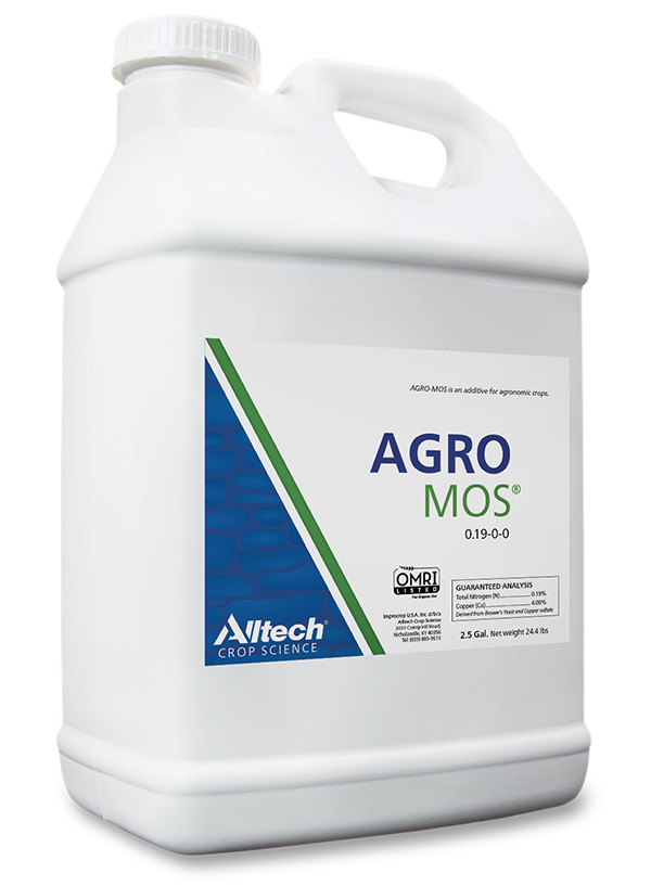 A white plastic gallon jug labeled "AGRO MOS" by Alltech Crop Science. The label indicates a formula with a composition of 0.19-0-0 and mentions it is an additive for agronomic uses. The jug has a handle and a screw-top lid.