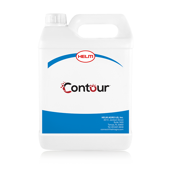 A white plastic container with a handle, labeled "Contour" in bold letters, along with the brand "HELM," appears prominently. The container is designed for agricultural use, indicating its purpose for farming or gardening applications.