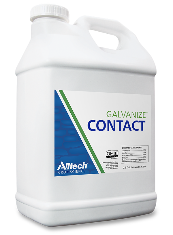 A white plastic jug labeled "GALVANIZE™ CONTACT" from Alltech Crop Science. The jug has a handle and features a blue and green design, along with analytical information and an OMRI certification logo for organic use. The content is 2.5 gallons.