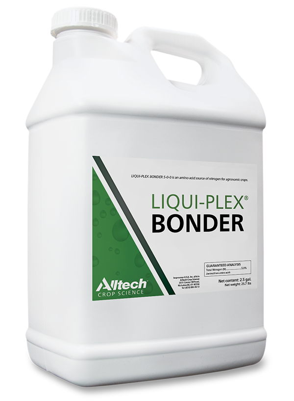 A large white container labeled "LIQUI-PLEX Bonder" by Alltech Crop Science. The container features a green and black design, and prominently displays the product name and net content of 2.5 gallons.