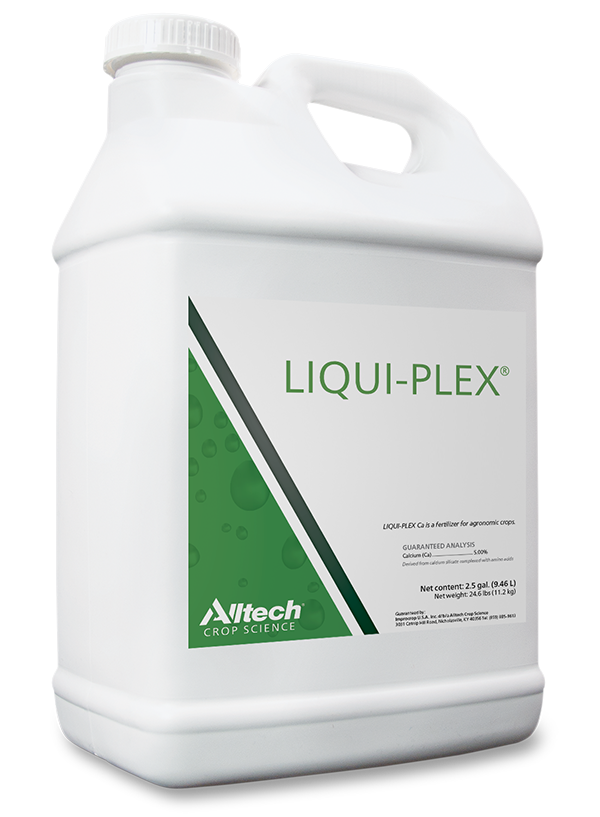A white plastic container with a handle, labeled "LIQUI-PLEX®," designed for use as a liquid fertilizer for agricultural crops. The label includes the brand name "Alltech Crop Science" and details about its contents. The package holds 2.5 gallons (9.46 liters).