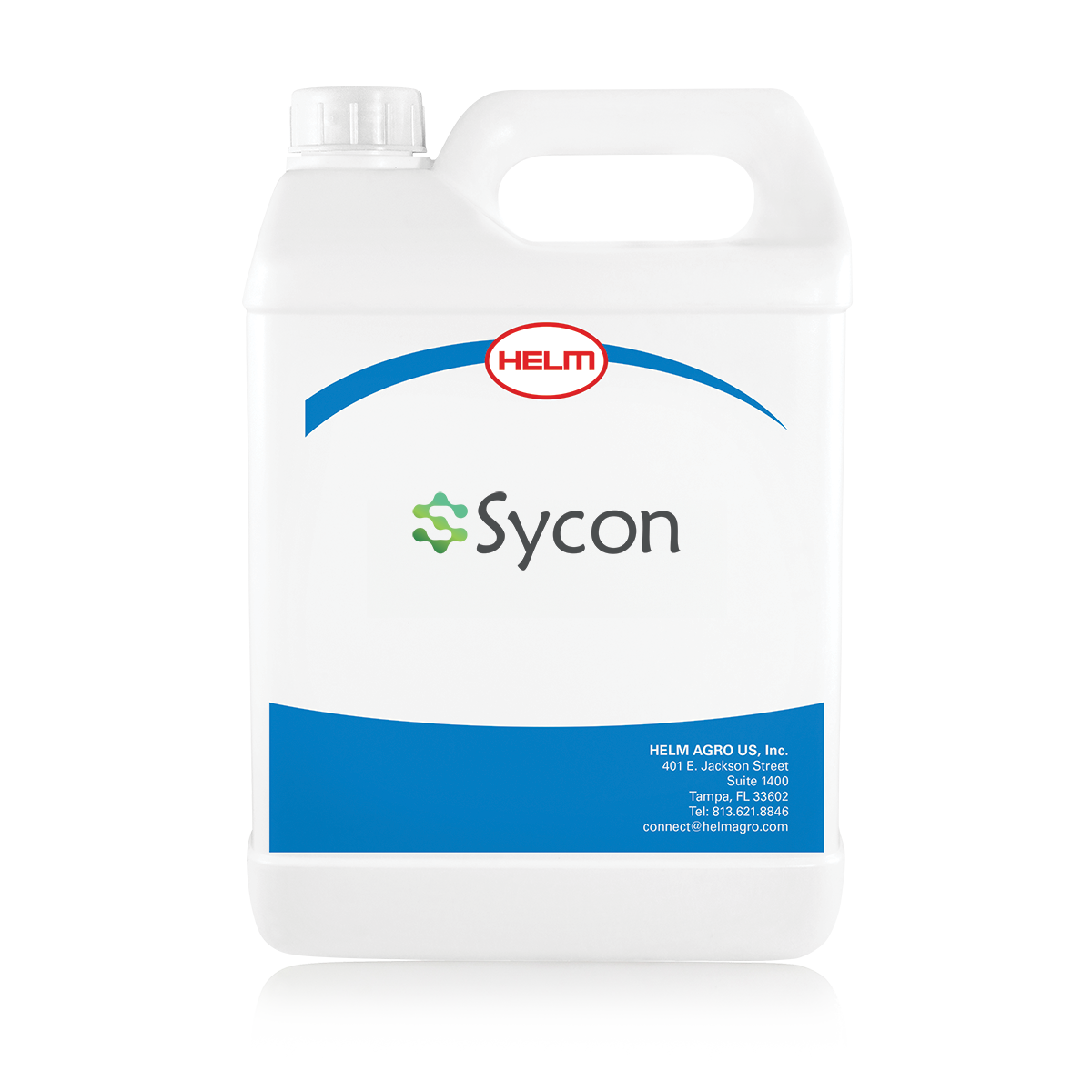 A white plastic jug prominently labeled with "HELM" and "Sycon." The jug has a handle and features a blue band near the bottom. It is designed for agricultural use, indicating it contains a product by HELM AGRO U.S., Inc.