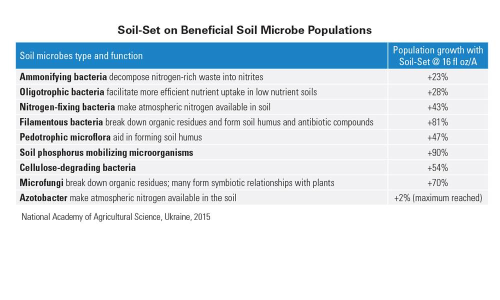 This table displays the effects of Soil-Set on various beneficial soil microbe populations. It lists different types of soil microbes, their functions, and the percentage increase in population growth associated with Soil-Set application. Key microbes include ammonifying bacteria, nitrogen-fixing bacteria, and microfungi.