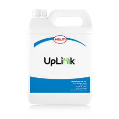 A white plastic container with a handle, labeled "UpLink" in bold black and green text. The brand name "HELM" is displayed prominently at the top in red. The container appears to be a liquid product, likely for agricultural or industrial use.