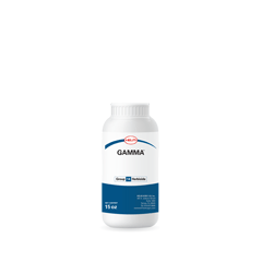 A white plastic bottle labeled "GAMMA" in bold letters. The bottle indicates a net weight of 15 ounces. A blue band at the bottom contains additional product information. The bottle has a secure, screw-on lid.