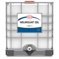 A plastic container with a metal frame, labeled "HELMCQUAT 3SL." The container is designed for chemical storage, featuring a tap at the bottom for dispensing. The label indicates the product name and manufacturer. The overall appearance suggests it's a standard industrial product.