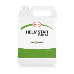 A white plastic jug labeled "Helmstar Plus SC" with a green design. It indicates that it is a fungicide from the group "3." The jug has a handle for easy carrying.