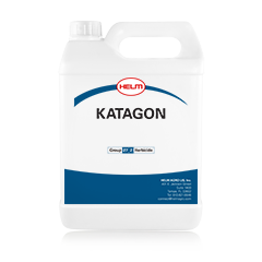 A white plastic container with a handle, labeled "KATAGON" by the brand Helium. The label features a blue stripe and includes safety information. The container appears to hold a liquid, likely a cleaning or chemical product.