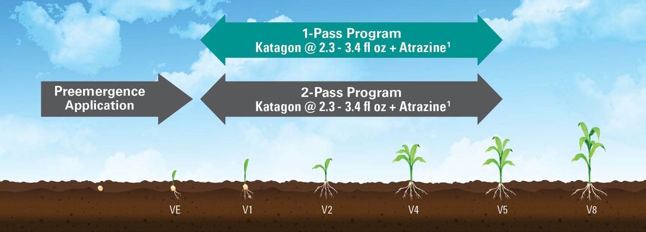 The image illustrates two weed control programs for crops: a 1-pass program using Katagon and Atrazine, and a 2-pass program also with Katagon and Atrazine. It shows different growth stages of crops labeled VE, V1, V2, V4, V5, and V8, alongside a preemergence application arrow.