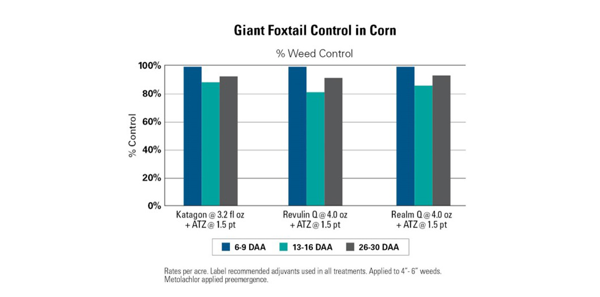 The bar graph titled "Giant Foxtail Control in Corn" illustrates the effectiveness of three herbicides—Katagon, Revulin, and Realm—at different application periods (6-9 DAA, 13-16 DAA, 26-30 DAA) in controlling giant foxtail, measured by percentage of weed control.