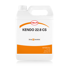 A white plastic container with a handle, labeled "Kendo 22.8 CS." The label prominently features the brand name "Helm," and includes a design with orange accents. The container is typically used for agricultural or pest control purposes.