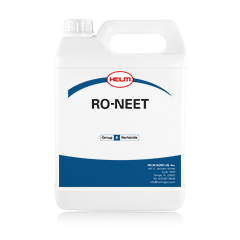 A white plastic container with a handle, labeled "RO-NEET." The brand name "HELM" appears at the top, and the label includes a blue stripe at the bottom. The container is designed for liquid use, likely a product for agricultural or horticultural purposes.