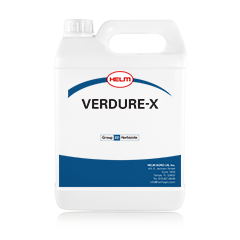 The image features a white plastic container labeled "VERDURE-X" with a blue stripe and a handle. It indicates that the product is a herbicide, designed for agricultural use. The brand name "HELM" is prominently displayed at the top.