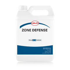 A white plastic container with a handle and a spout, labeled "ZONE DEFENSE" in bold letters. The brand name "HELM" is displayed at the top, and additional product information is visible at the bottom. The container appears to be for a liquid solution or chemical product.