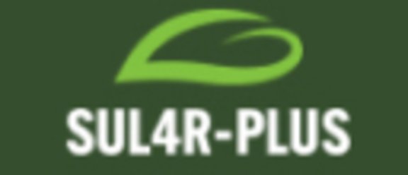 Logo for SUL4R-PLUS featuring a stylized green leaf design above the text "SUL4R-PLUS." The background is a dark green color, emphasizing the eco-friendly theme.