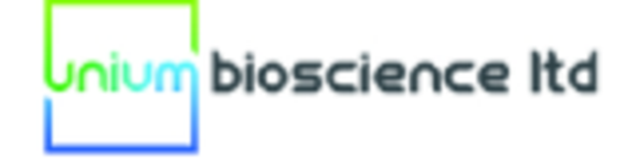 Logo of Unium Bioscience Ltd, featuring the words "unium" in a gradient of colors, with "bioscience ltd" in gray below. The logo is framed by a rectangular outline with green and blue corners.